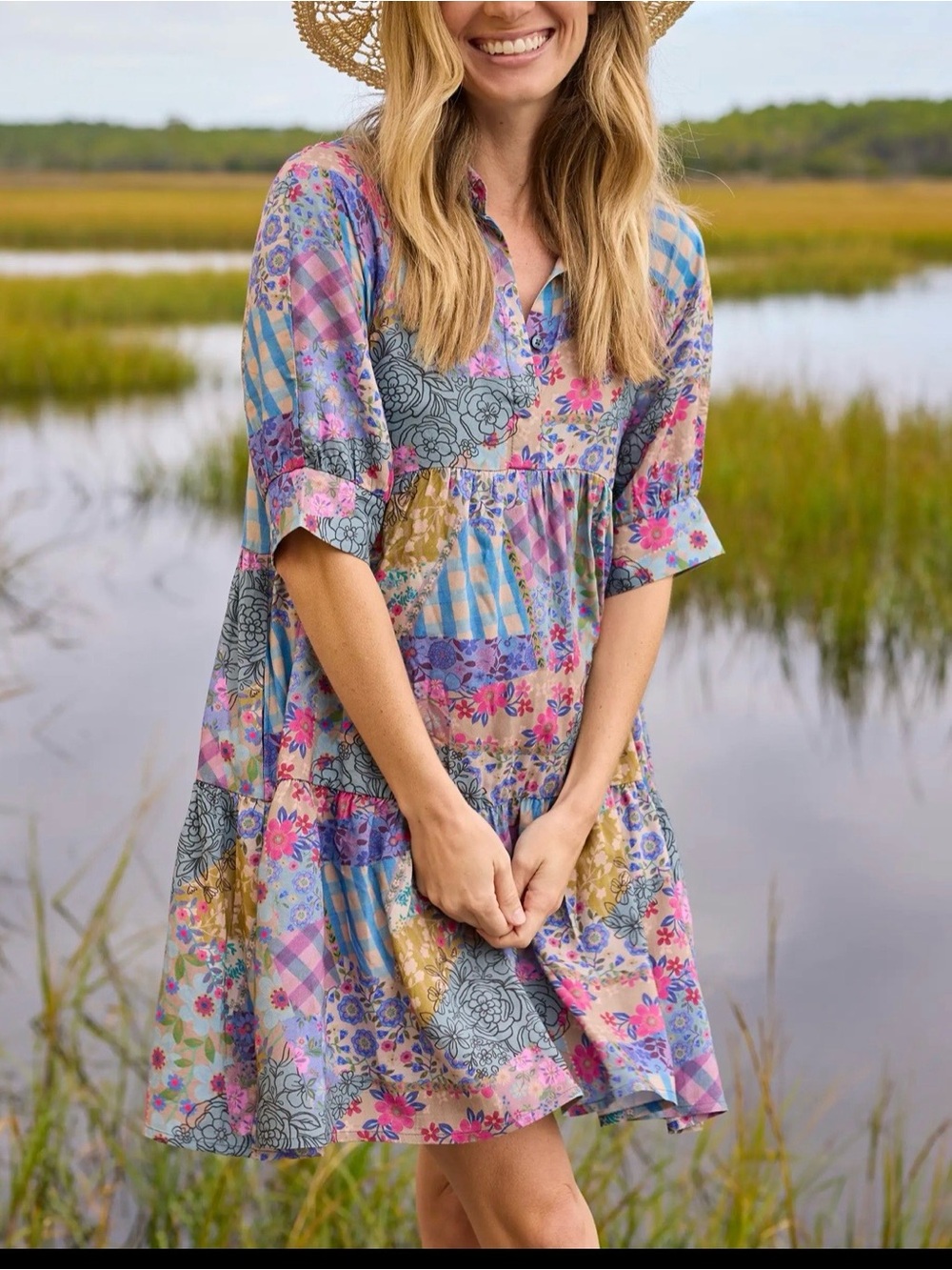 NATURAL LIFE Becca Mini Dress XS NWT Pastel Patchwork Floral Boho Pockets Rayon